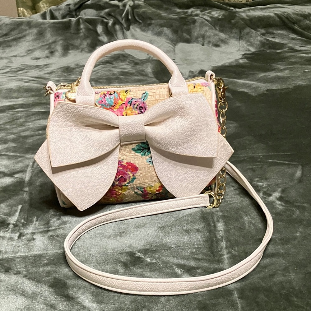 Betsey Johnson Floral Mini Bag with Bow - Cream and Pink